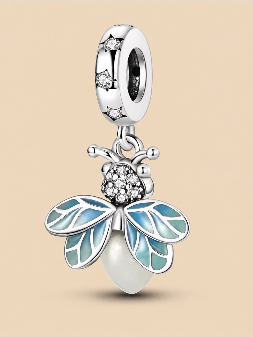 Silver Bee Charm Pendant with Blue Enamel Wings and Crystal Accents